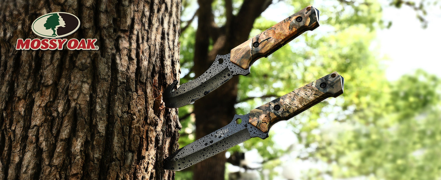 MOSSY OAK 2-Piece CAMO Hunting Knives Gut Hook Set w/Sheath Fixed Blade Stainless Steel Blades NEW
